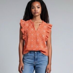 SAM EDELMAN Rey Cotton Ruffle Sleeve Eyelet Blouse |‎ Orange & White | Large